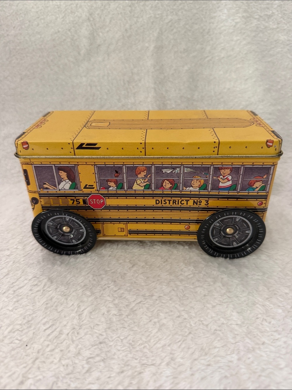 Collectible Yellow School Bus Toy Tin with Working Wheels